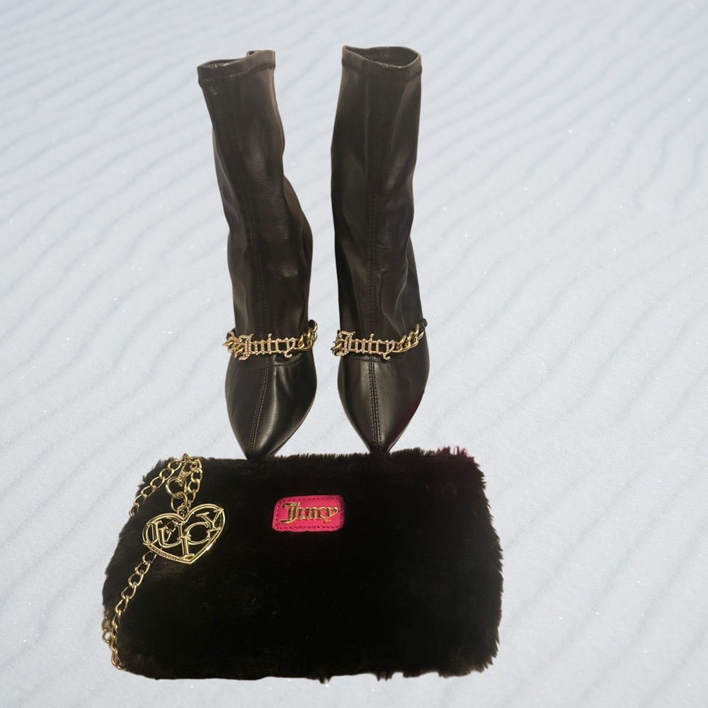 JUICY COUTURE 3PC SET BLACK FAUX LEATHER & GOLD CUBAN LINK BOOTS SZ 7.5